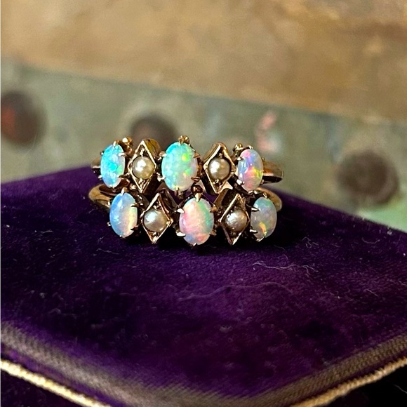 Antique Jewelry - Antique 14K Seed Pearl & Opal Double Ring